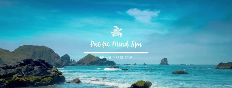 beach with rock formations with Pacific Mind Spa logo and a caption